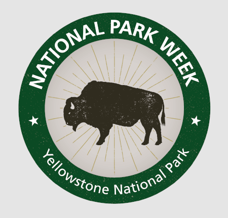A green circle surrouding an illustration of a bison with yellow sun rays coming from behind the bison. The green circle has the words National Park Week Yellowstone National Park on it.
