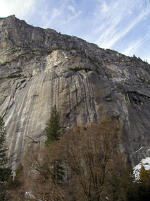 Looking up from the base of the Three Brothers during winter