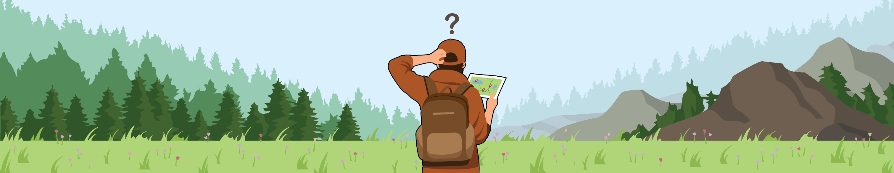 lt= A visitor holding a map, wearing sun protection, and a backpack stands in a field facing trees and mountains is scratching their head because they are lost and confused.