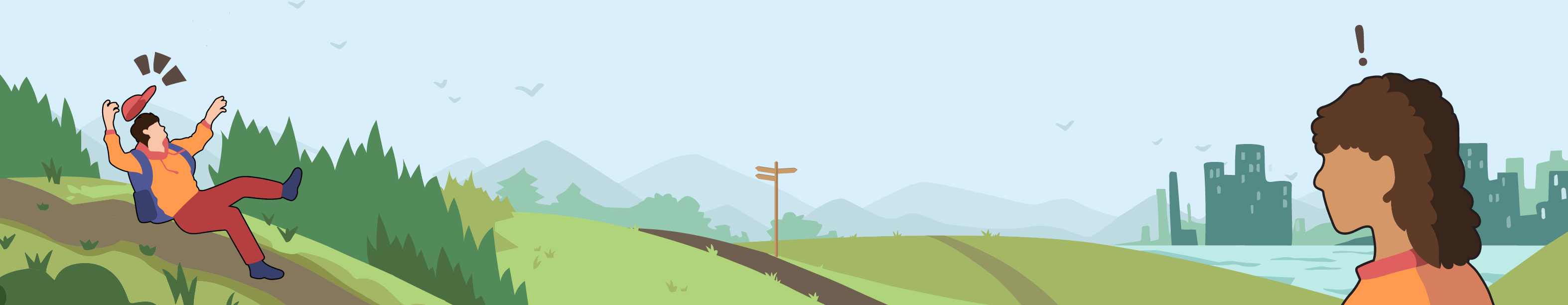 lt= A graphic of a hiker wearing a backpack slipping and falling on a trail. To the right, an onlooker notices and is alarmed.