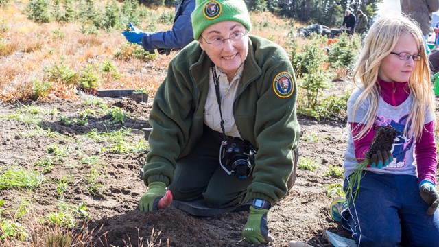 Woman and child volunteers planting plants