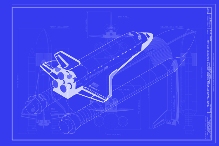 Illustration overlaying two HAER measured drawing sheets of the Orbiter Discovery's Launch Stack Assembly with a 