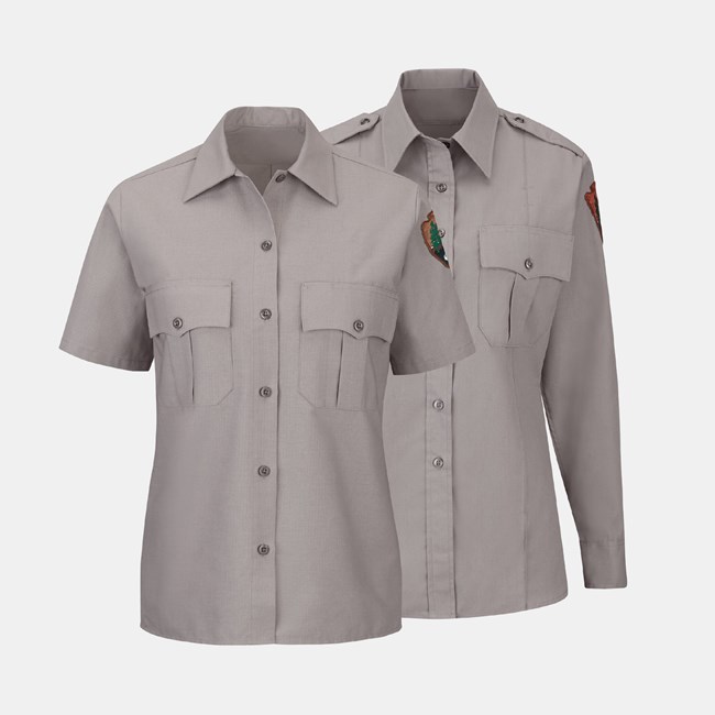 Service Uniform Shirt Two gray, button-down shirts, one short-sleeved and one long-sleeved