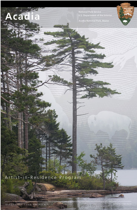 Composite image of tall pines along a shoreline in foreground with a watermark of the NPS arrowhead behind