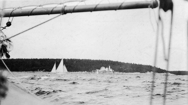 Historic photograph showing a boat's view of a coastline
