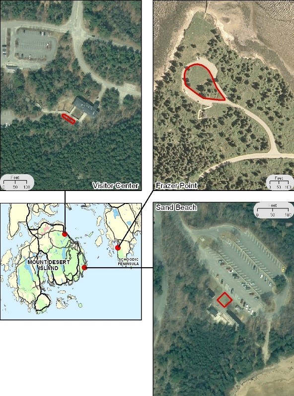 Demonstration area locations Grid of three aerial photos and a map of demonstration areas across Acadia