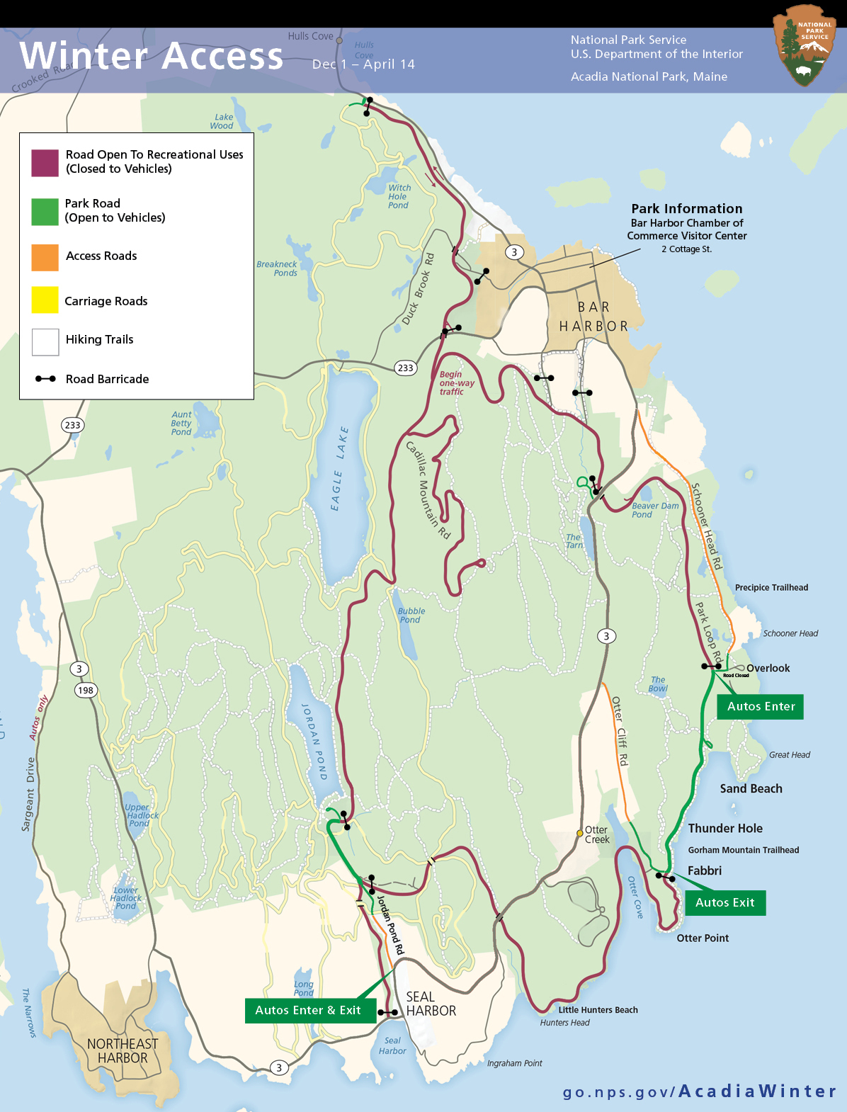 Map of winter access roads in Acadia