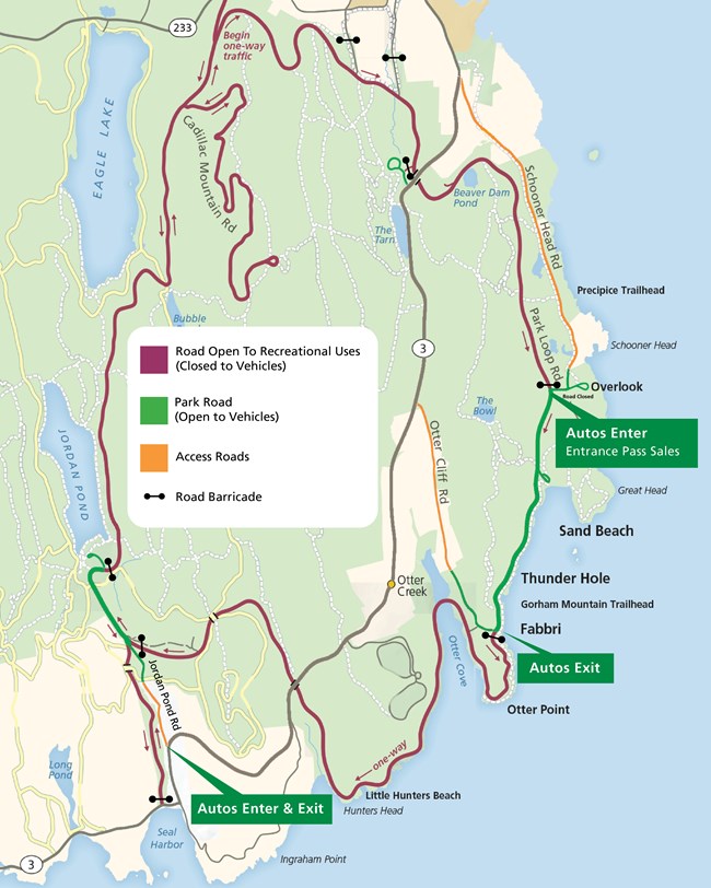 Map of roads that are open in Acadia through winter
