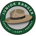 NPS Jr Ranger logo - hat with motto: Explore, Learn, Protect