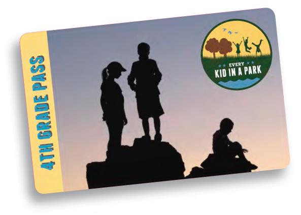 The Every Kid in a Park Pass features three children sitting on rocks silhouetted against a setting sun with the logo in the top right corner and 4th grade pass written on the left end.