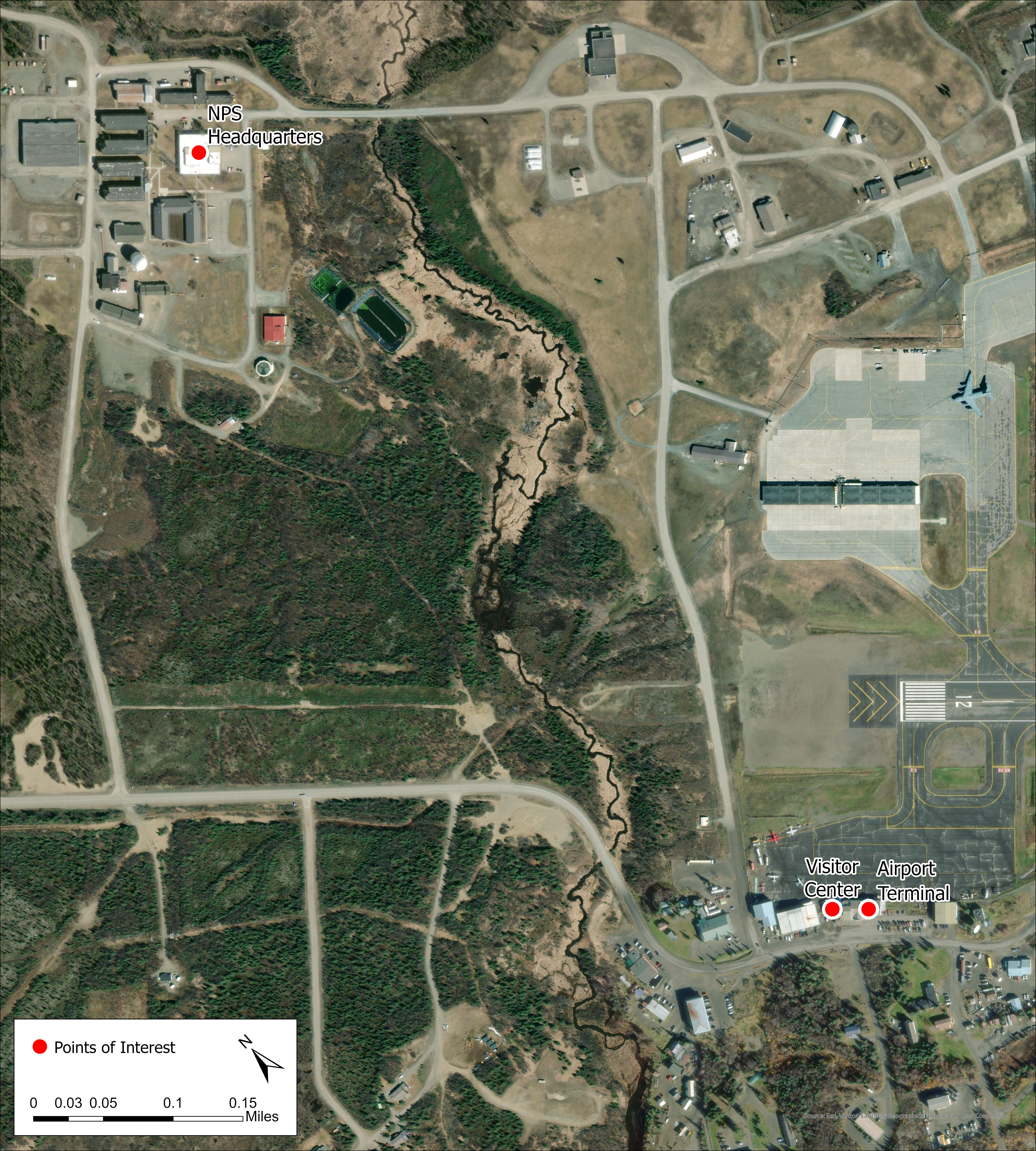 A satellite image of the King Salmon Airforce Base showing Katmai's headquarters in relation to the King Salmon Airport
