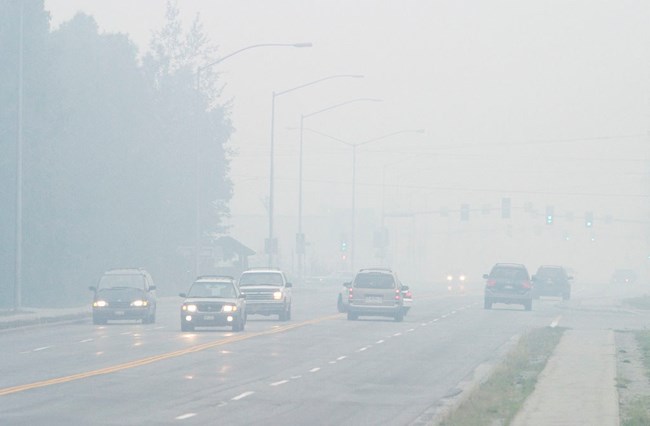 Cars travel on a smoke-filled road