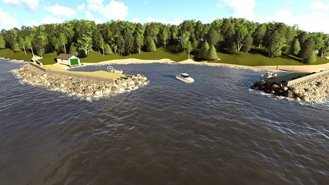 A digital rendering of a marina design, featuring a boat in the water, a rocky shoreline, and a green, forested area in the background.
