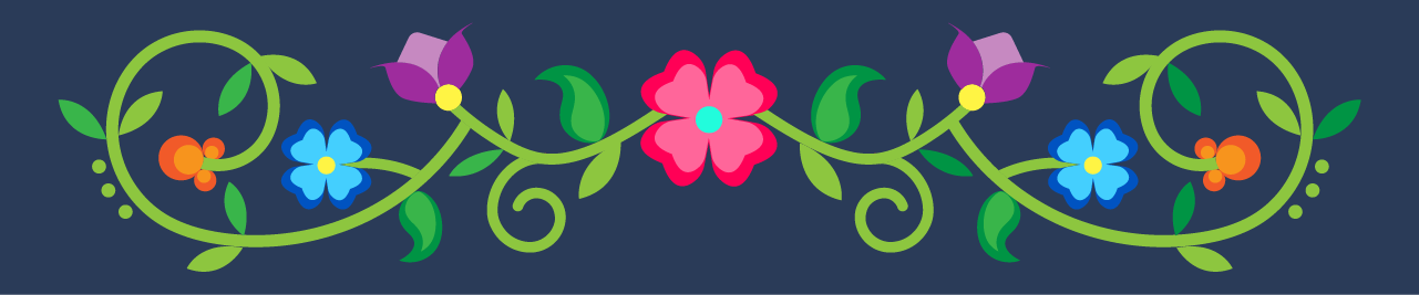 A green vine connects colorful flowers in a traditional Ojibwe design.