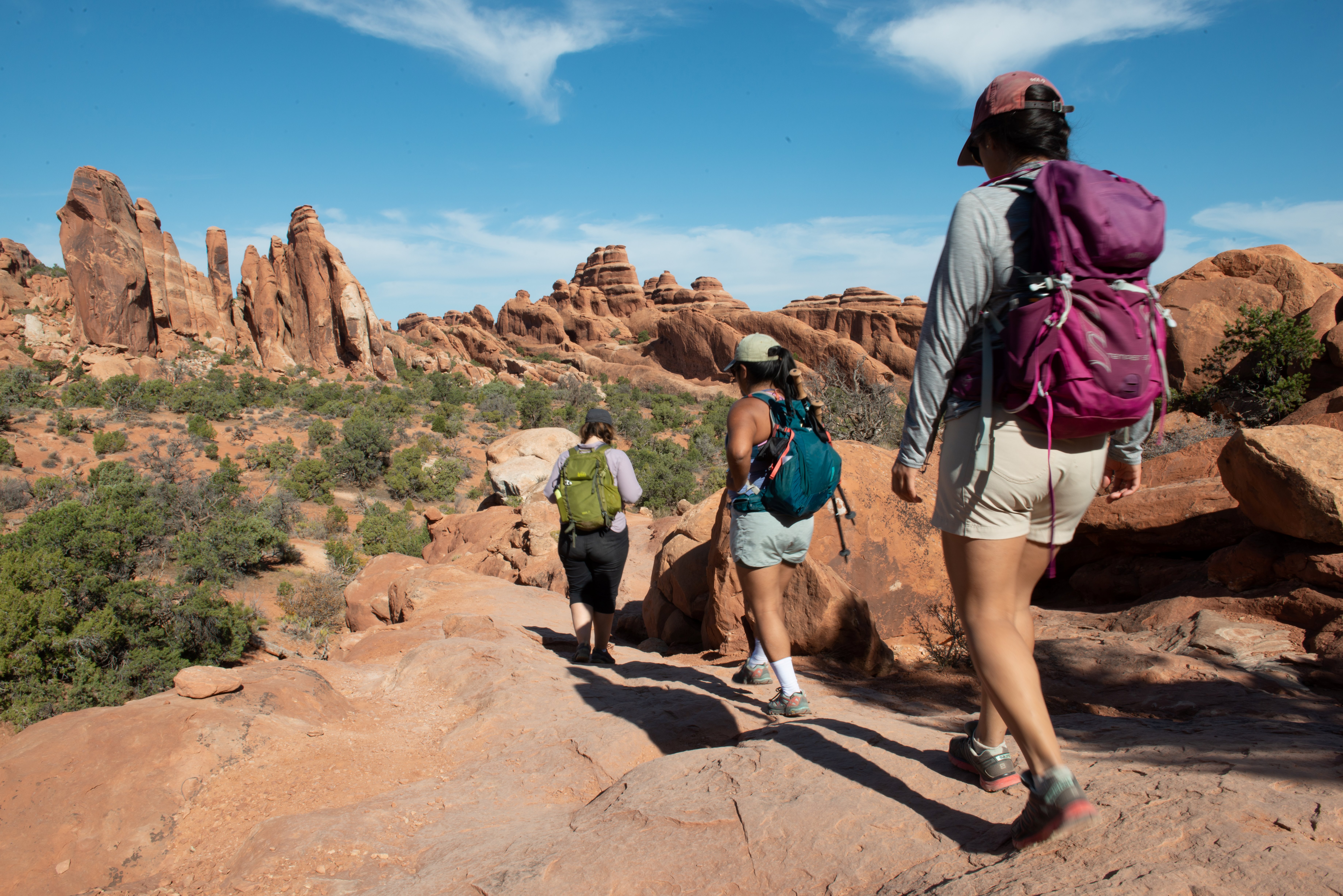 three hikers on rocky trail, desert shrubs and tall sandsone fins in background
