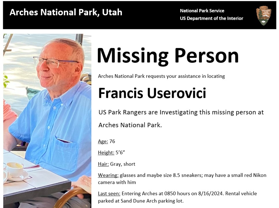 Missing persons flyer with photo of white older man with grey hair and glasses on left side of page