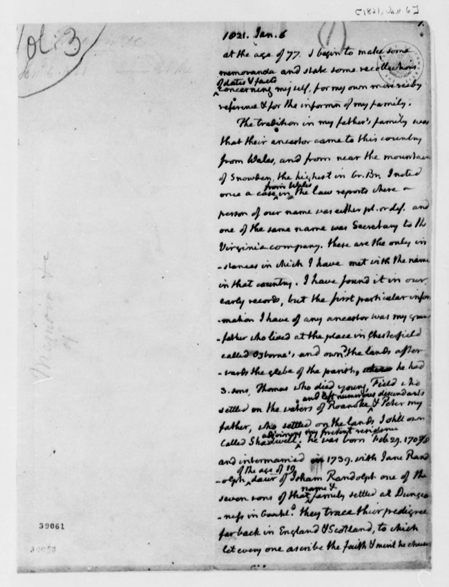 Page of handwritten text from Jefferson's autobiography, largely illegible. Date at top left 1821 Jan 6
