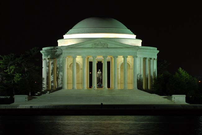 Jefferson Memorial at night from across the Tidal Basin