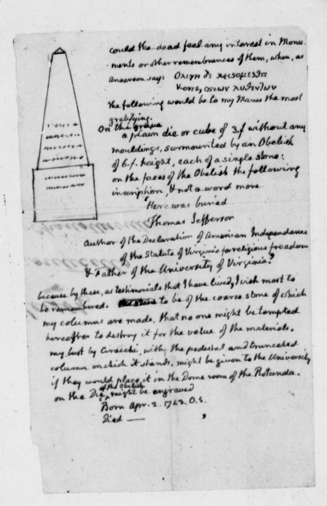 Jefferson's handwritten notes and sketch for the design of his tombstone