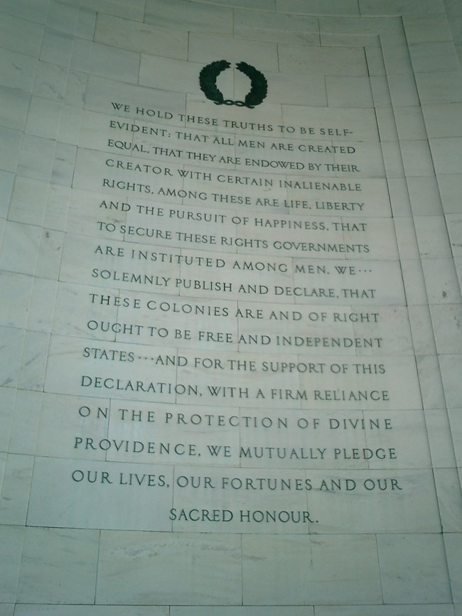 Interior wall of Jefferson Memorial with Declaration of Independence inscription in bronze letters