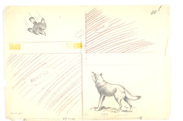 Sketch of an eagle swooping towards a wolf.