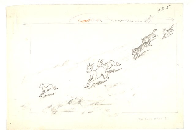 Sketch of a lamb and flock of sheep being chased down a hill by wolves.