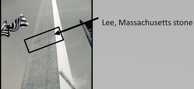 Washington Monument with arrow indicating Massachusetts marble at about 160 feet up