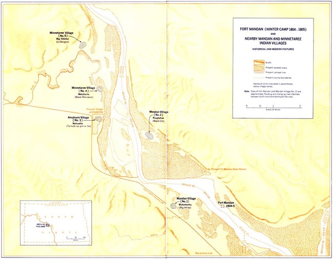 Map showing the approximate locations of the Mandan and Hidatsa villages, and where the Corps of Discovery would build Fort Mandan.