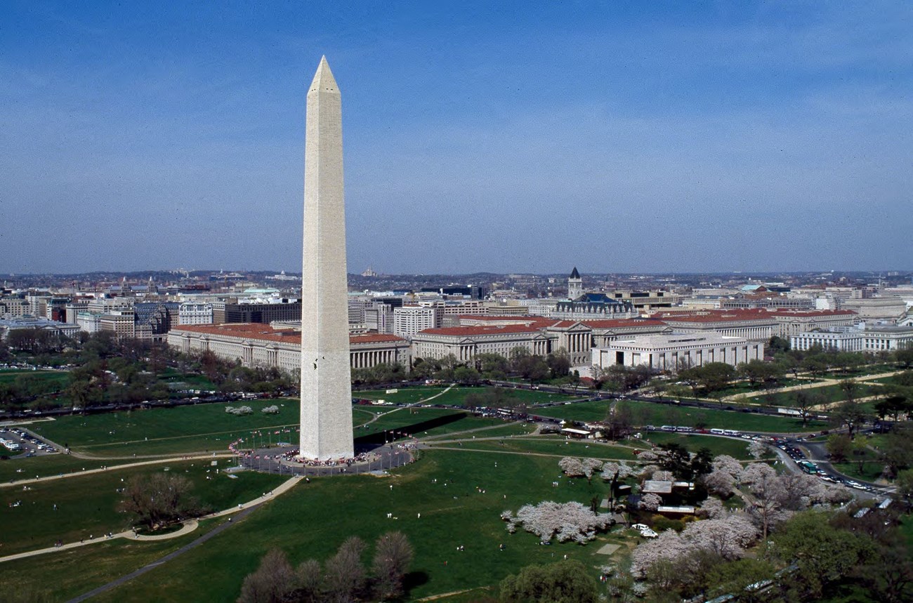 Aerial view of Washington Monument and surrounding area