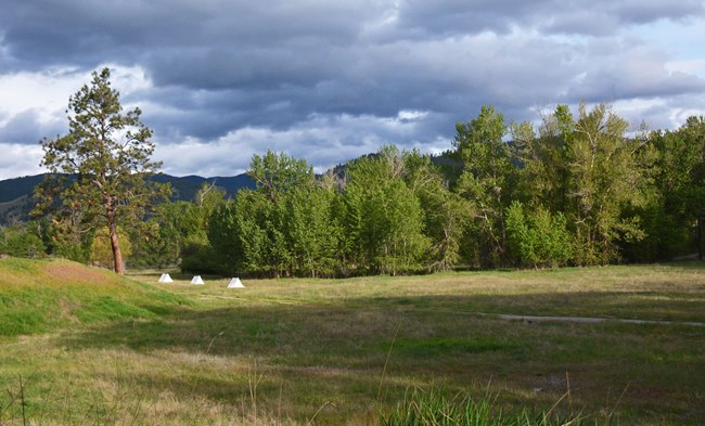 A grassy area at Travelers’ Rest State Park, surrounded by cottonwood trees.  Three small white tents can be seen near a large pine tree.  Mountains and heavy clouds are in the background.