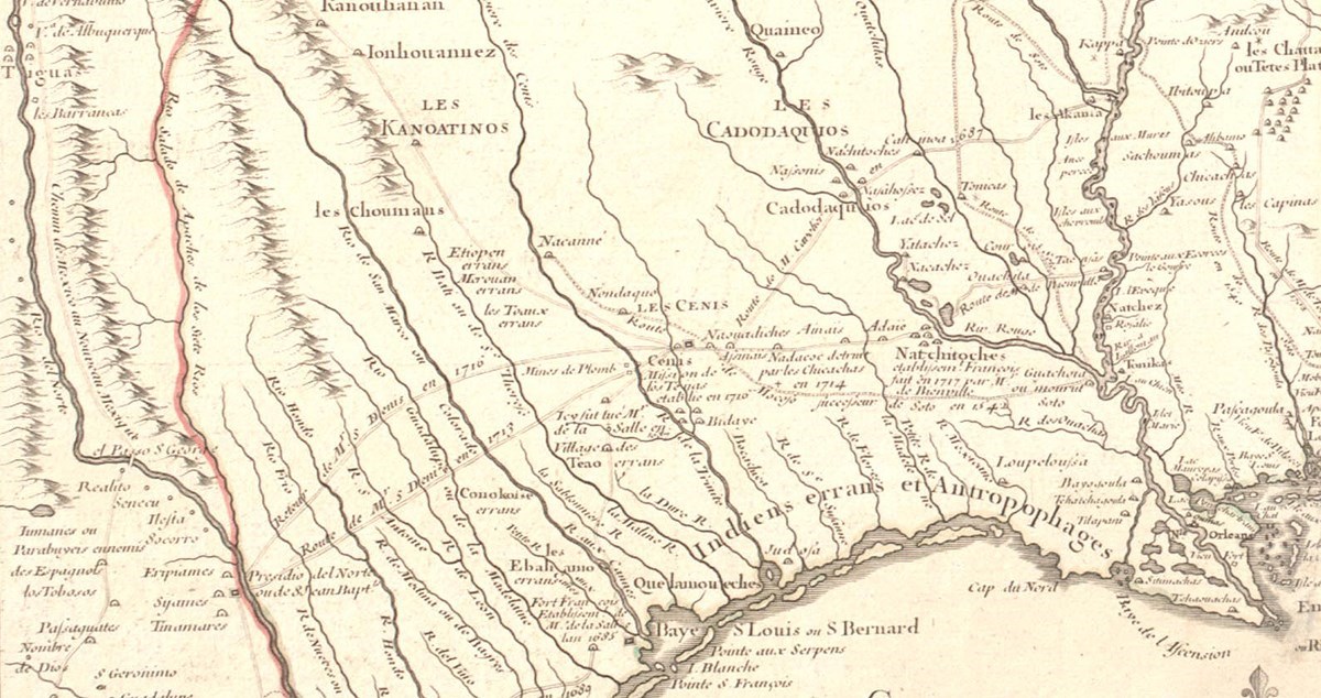 Historic map shows the routes/trails of St. Denis through and to the Red River