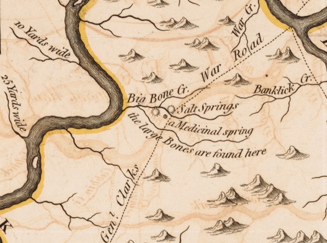 Map depicting mountains, streams, rivers, roads, and with written explanations.