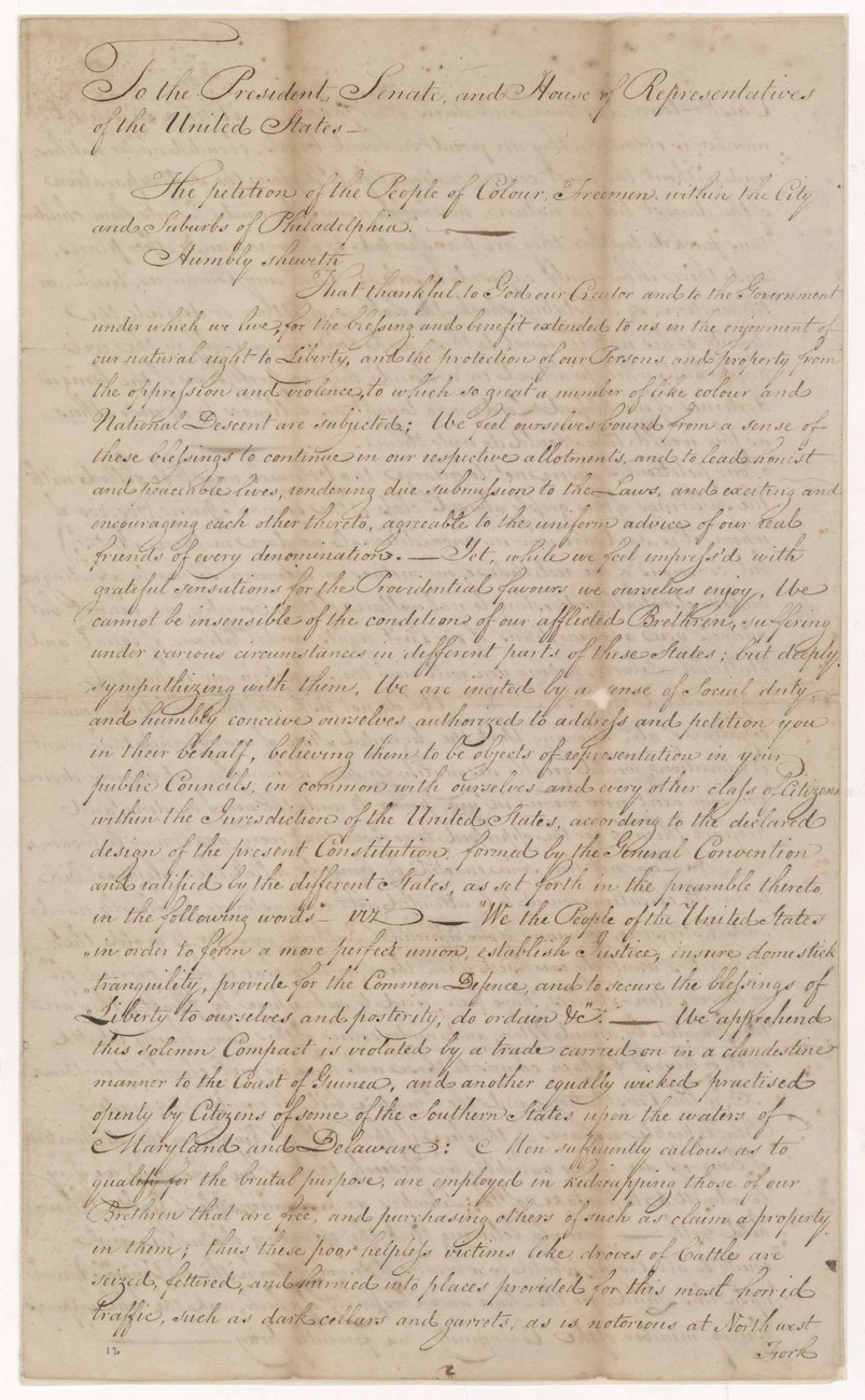 The first page of a four-page petition by Absalom Jones and 70 other Black American men written on December 30, 1799. black ink handwriting on paper