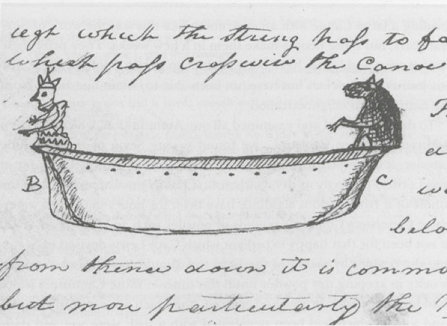 Drawing of canoe with Carved Images