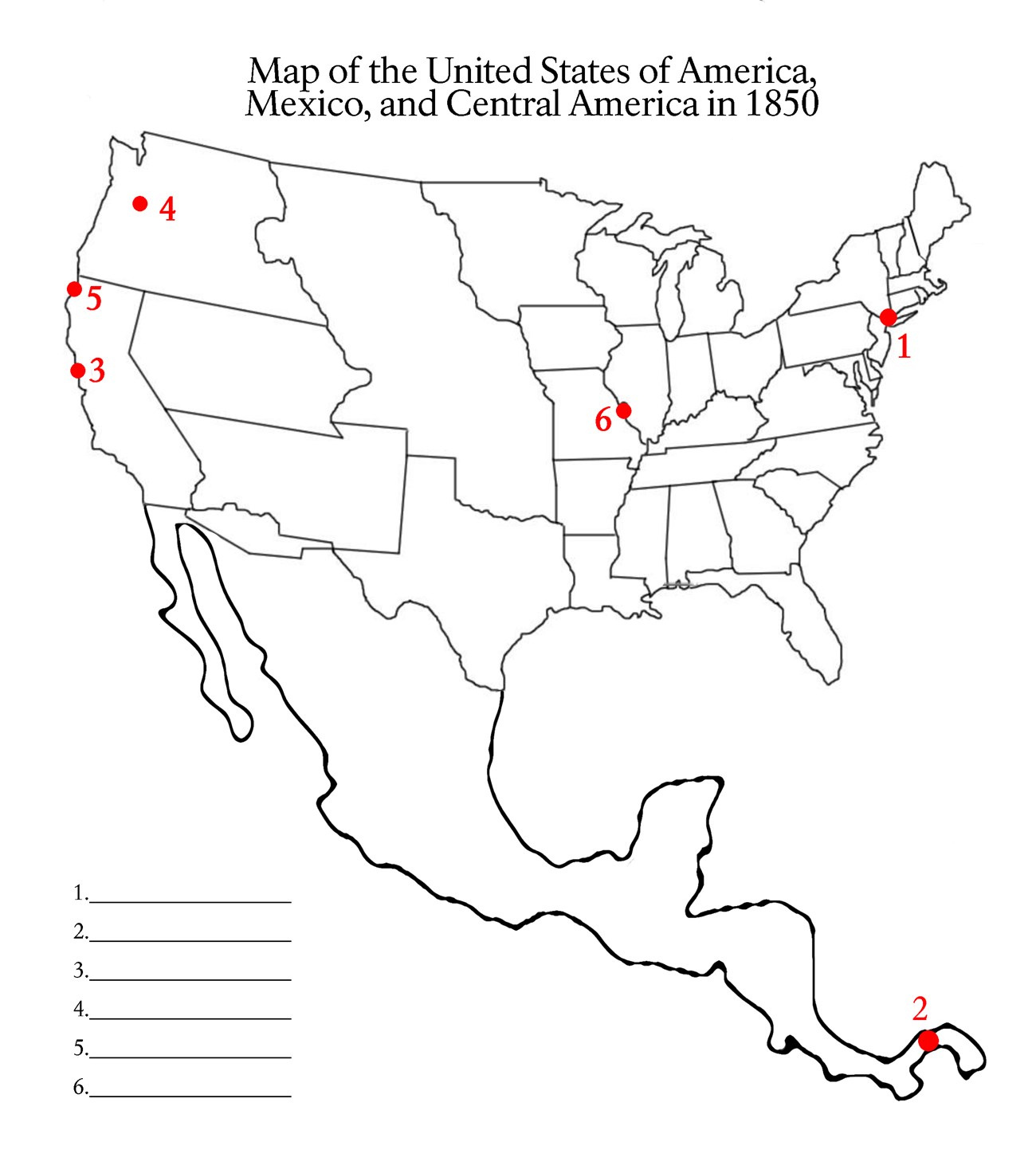 Line drawn map of the United States, Mexico, and Central America in 1850