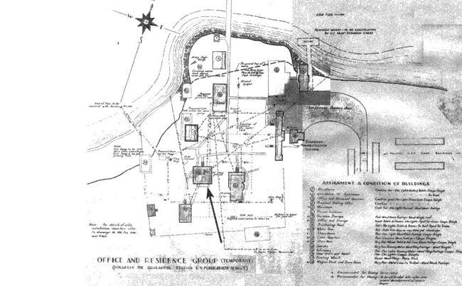 A 1939 sketched map shows the Cockspur Island Quarantine Complex, consisting of just under a dozen buildings. An arrow points to the building which acts as the current park headquarters on the Southwestern side.