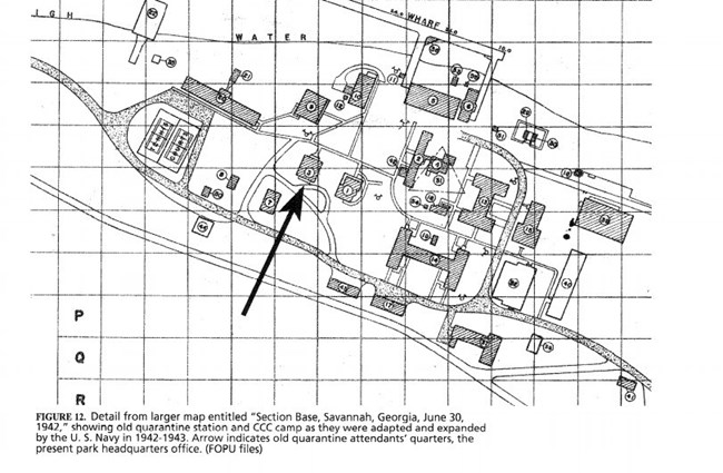 1942 a U.S. Navy Map shows the Cockspur Island quarantine complex buildings and additional structures erected for CCC camp 460. An arrow marks the building on the western end which serves as the current park headquarters.