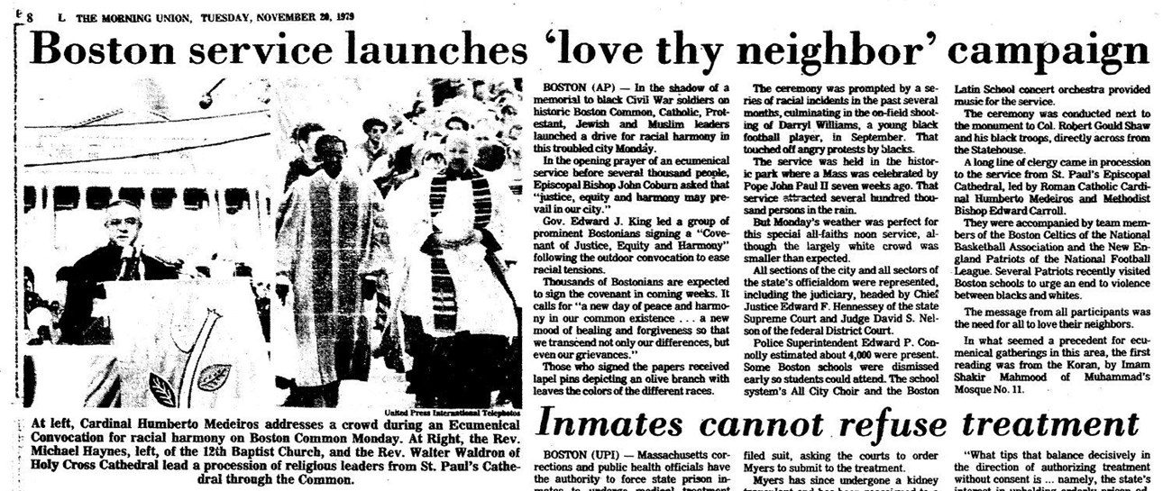 Newspaper article called -Boston service launches love thy neighbor campaign- with an image of religious leaders.