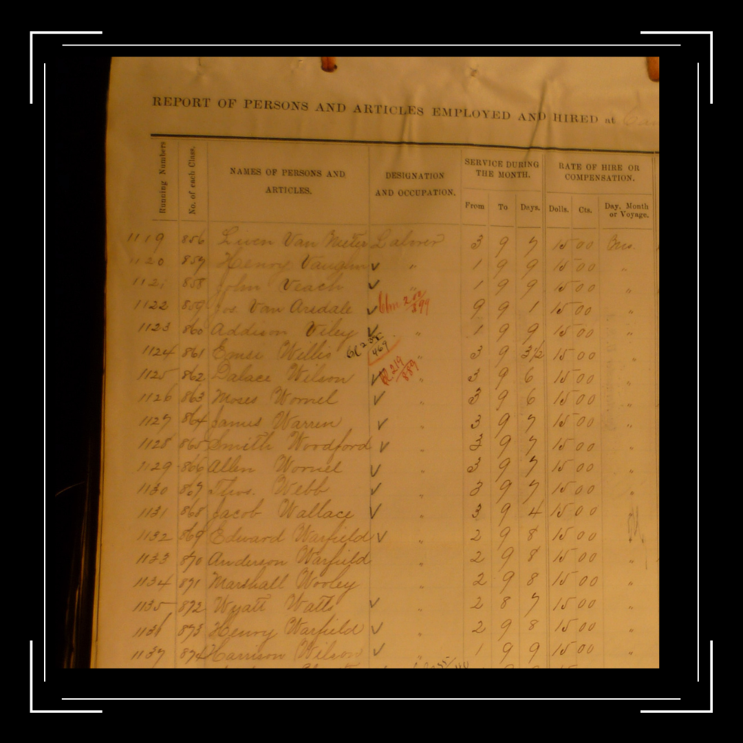 A photograph of a ledger of names of impressed laborers who worked at Camp Nelson for the US Army. 