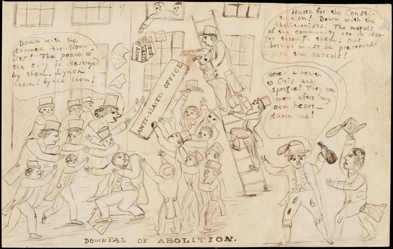 hand drawing of attack on Anti-Slavery Office