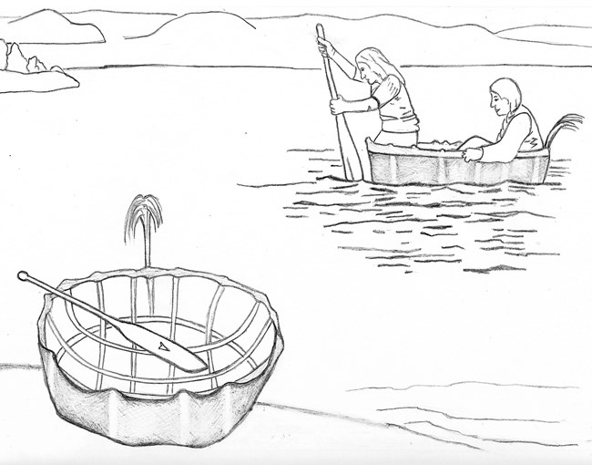 Line drawing of two traditional round boats, one paddled by two people, in a river landscape.
