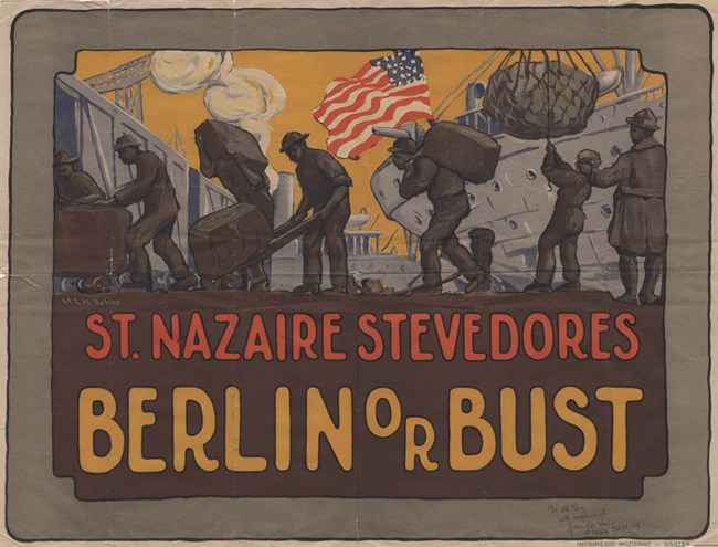 Poster of African American stevedores unloading ships in France. [2011.65.1] Photo courtesy of the National WWI Museum and Memorial.