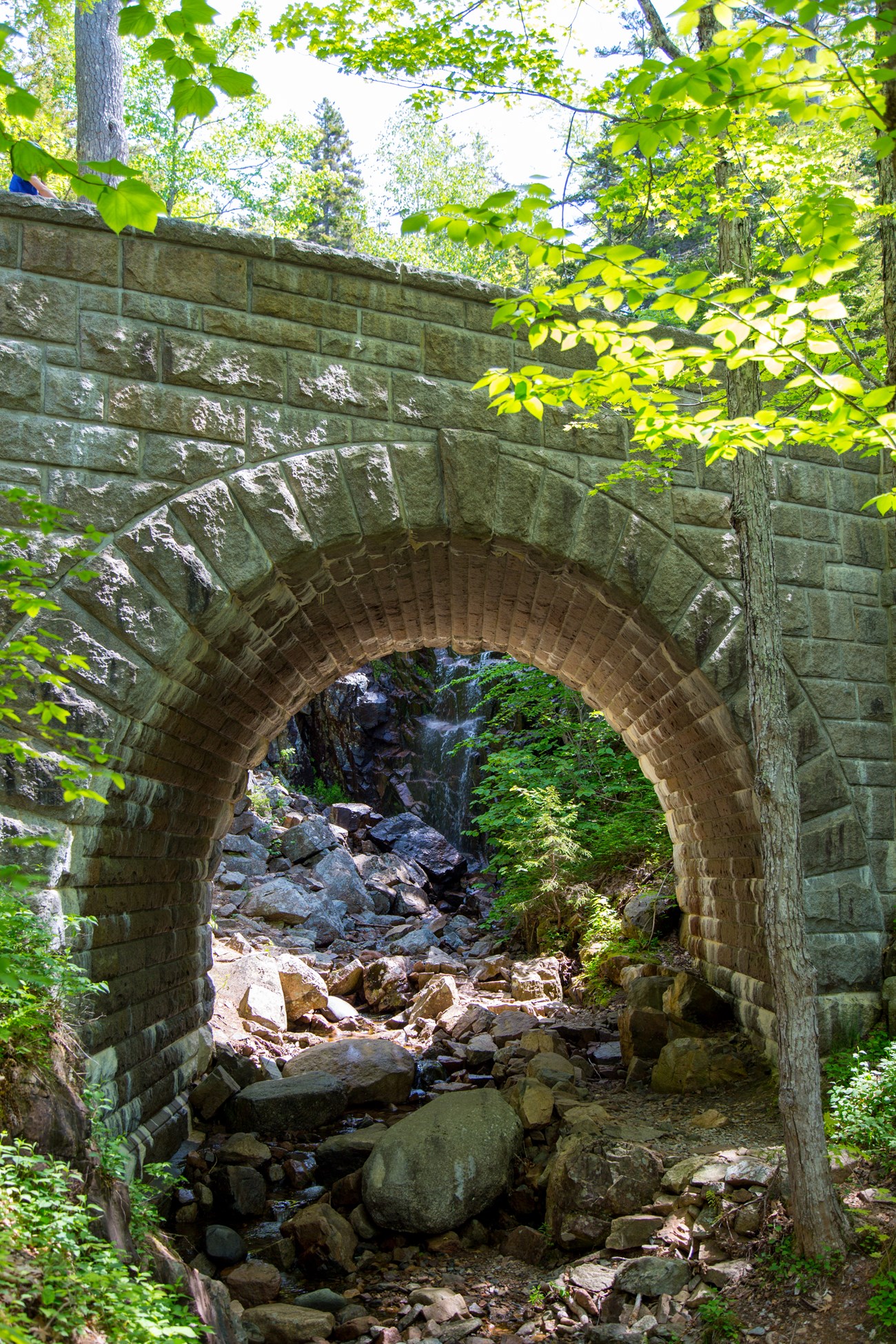 Stone bridge with waterfall in the background