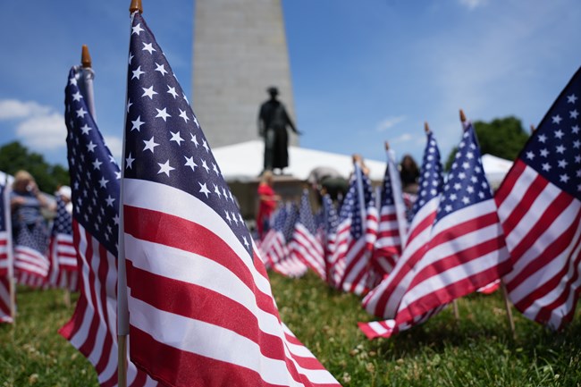 2024.06.12_Boston_NPS_CG-Garden Flag garden in front of the Prescott Statue and Bunker Hill Monument.