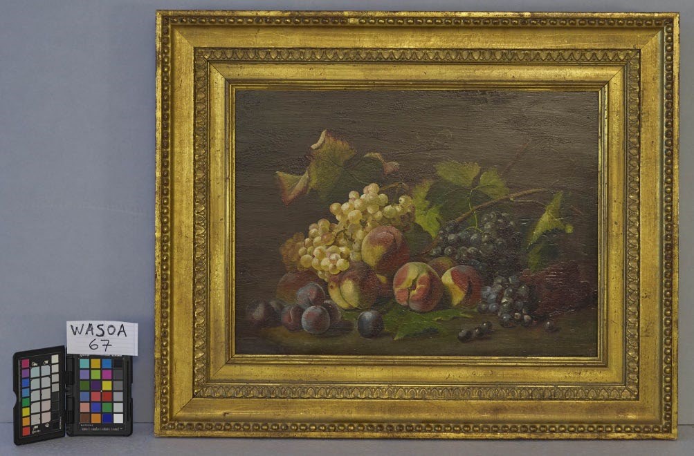 "Still Life with Fruit." Peaches, grapes and plums.