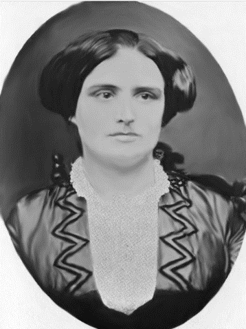 Black-and-white portrait photo of nineteenth-century woman in formal dress attire and hair in up-do, with neutral facial expression