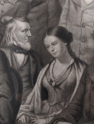 Detail of greyscale engraving. At right, a seated woman with dark hair and placid expression gazing downward, with dark hair and formal corseted dress and shawl. At left, standing suited man with shoulder-length grey hair and beard gazing opposite way