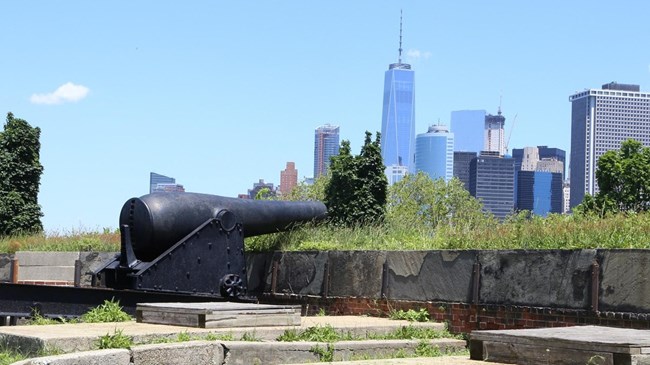 A cannon sits on a wall with a cityscape in the background.
