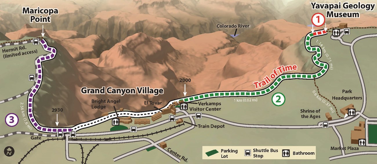 5_Sep14_09_ToT on Park map 190209 JA Illustration map of the Trail of Time on the Grand Canyon's south rim.