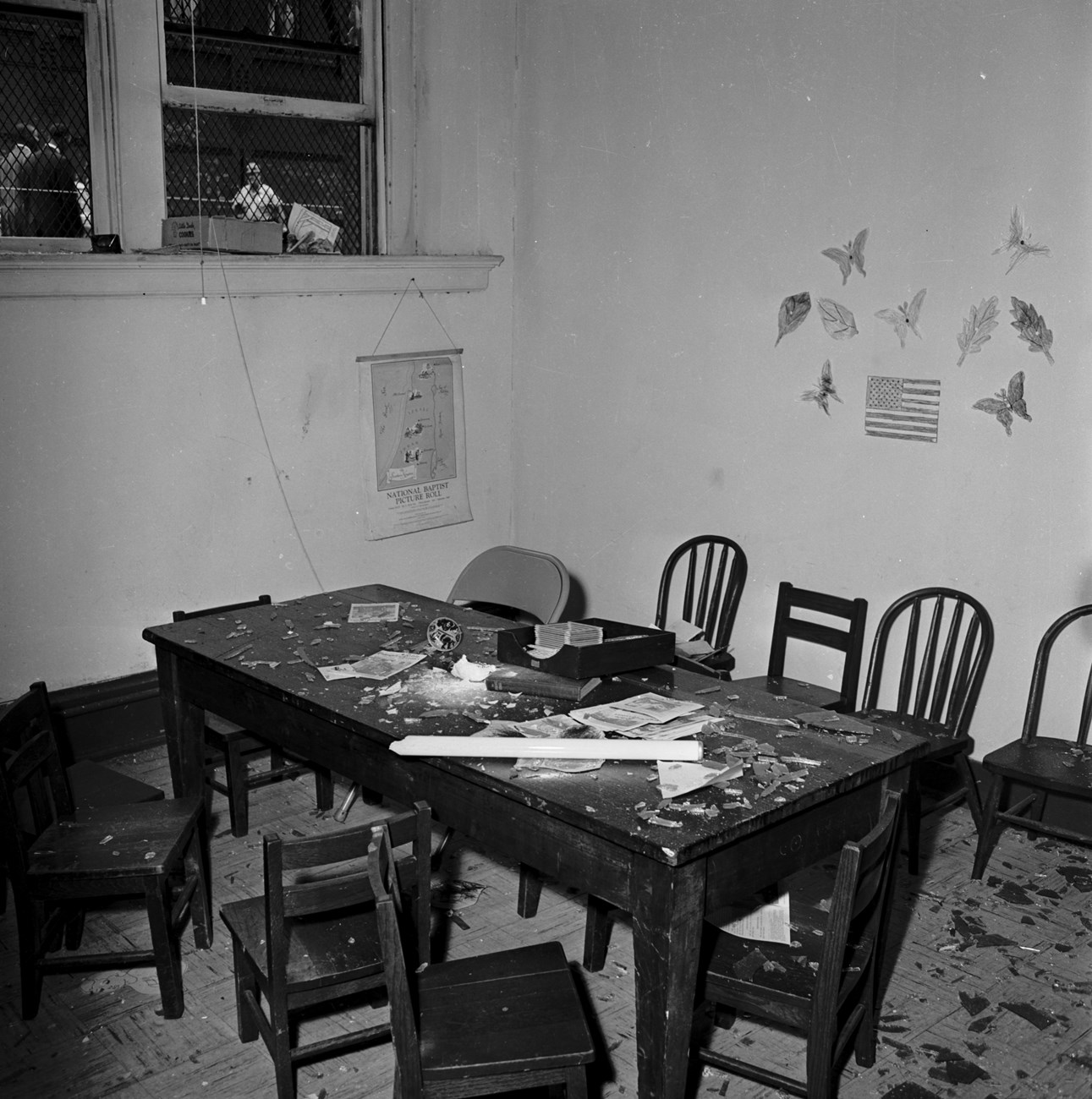 Debris and damage in a children’s classroom at 16th Street Baptist Church in Birmingham, Alabama, after the building was bombed.